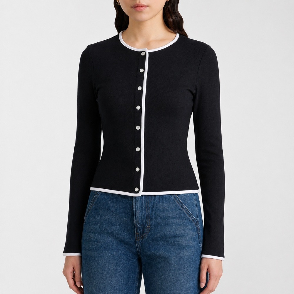 Truth by Republic | Colorblock Button Up Ribbed Knit Cardigan Top Black & White